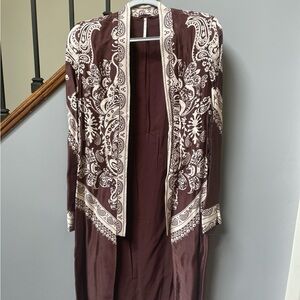 Free People Brown and Cream Paisley Trench Coat Duster